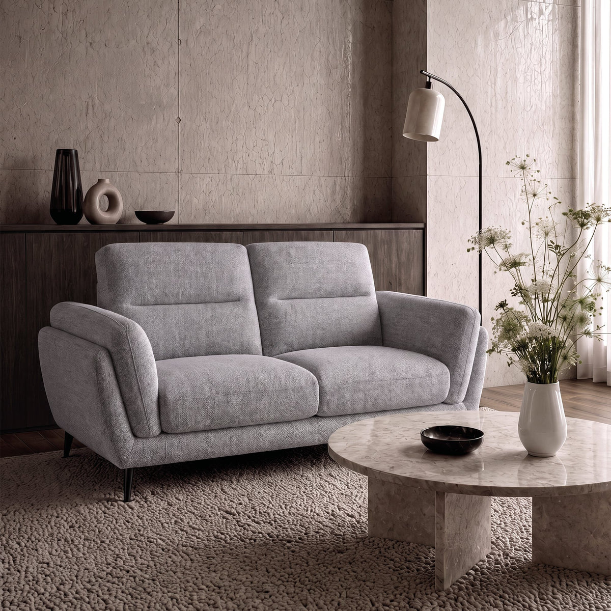 Light Grey Fabric 2 Seater Cushion Back Sofa Nickel Legs