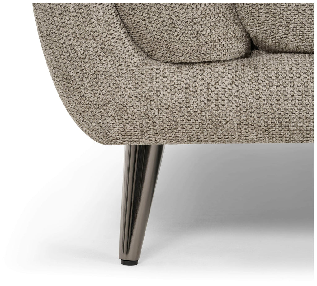 Oatmeal fabric upholstered Bentley Designs armchair with nickel legs, modern easy lounge chair with cushioned seat and backrest.