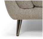 Oatmeal fabric upholstered Bentley Designs armchair with nickel legs, modern easy lounge chair with cushioned seat and backrest.