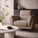 Oatmeal fabric upholstered armchair with nickel legs from Bentley Designs, featuring a comfortable lounge chair style.