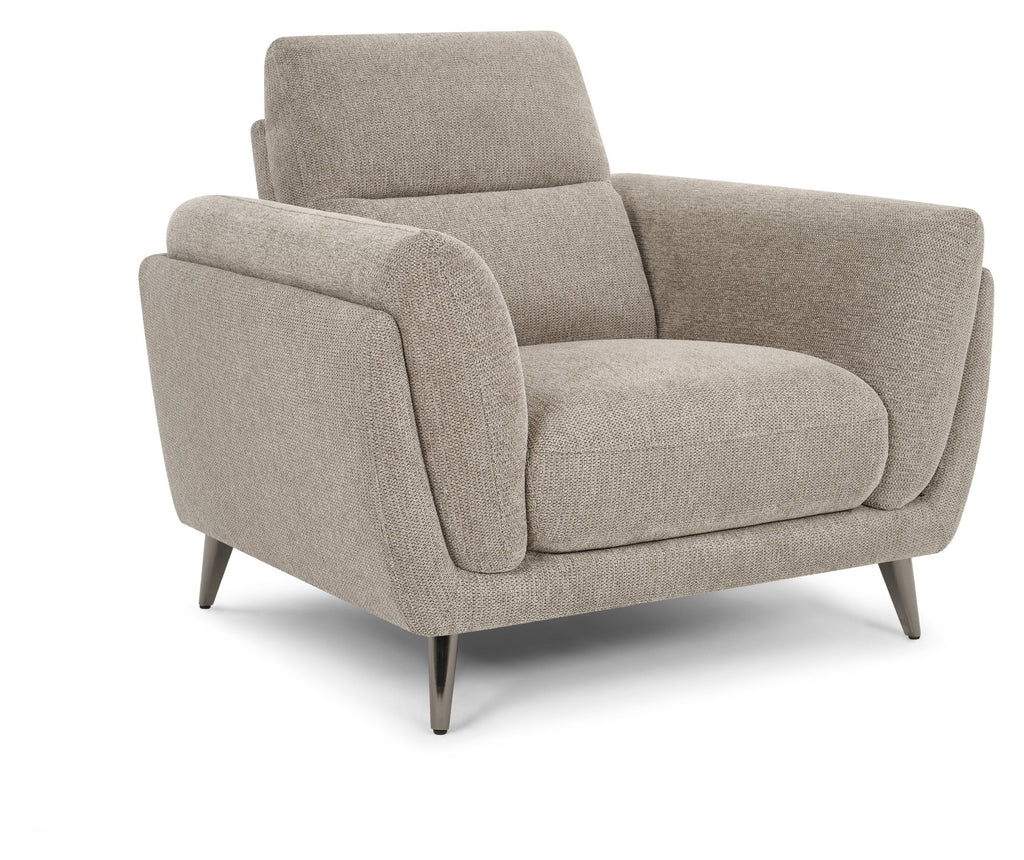 Oatmeal fabric upholstered armchair with nickel legs from Bentley Designs, designed for comfortable lounge sitting.