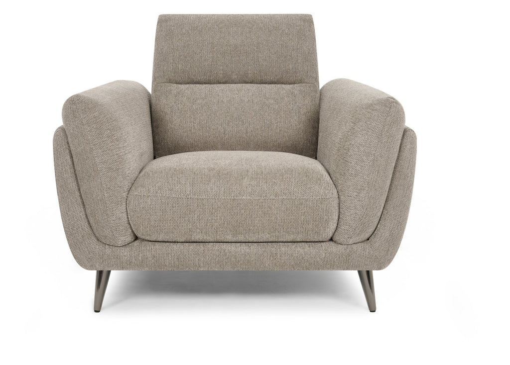 Oatmeal fabric upholstered armchair with nickel legs, Bentley Designs lounge chair with cushioned seat and back in a modern style.
