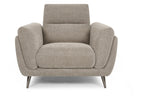 Oatmeal fabric upholstered armchair with nickel legs, Bentley Designs lounge chair with cushioned seat and back in a modern style.