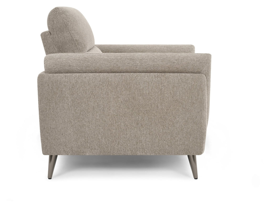 Oatmeal fabric upholstered armchair with nickel legs, modern style lounge chair by Bentley Designs, featuring plush cushioning.