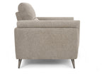 Oatmeal fabric upholstered armchair with nickel legs, modern style lounge chair by Bentley Designs, featuring plush cushioning.