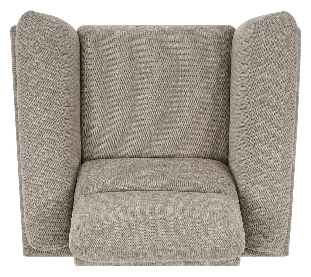 Oatmeal fabric upholstered Bentley Designs armchair with nickel legs, easy lounge chair with padded seat and backrest.