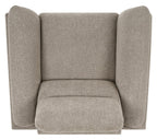 Oatmeal fabric upholstered Bentley Designs armchair with nickel legs, easy lounge chair with padded seat and backrest.