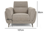 Oatmeal fabric upholstered Bentley Designs armchair with nickel legs, comfortable lounge chair for living room seating.