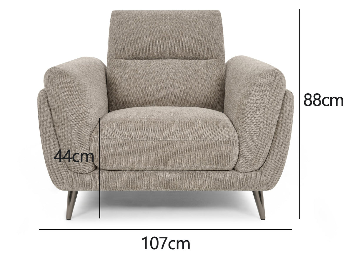 Oatmeal fabric upholstered Bentley Designs armchair with nickel legs, comfortable lounge chair for living room seating.