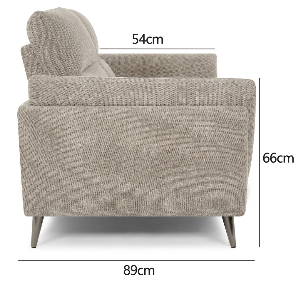 Oatmeal fabric upholstered Bentley Designs armchair with nickel legs, stylish easy chair for living room relaxation.