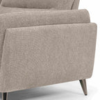 Oatmeal fabric upholstered Bentley Designs armchair with nickel legs, modern easy chair for living rooms and lounge areas.