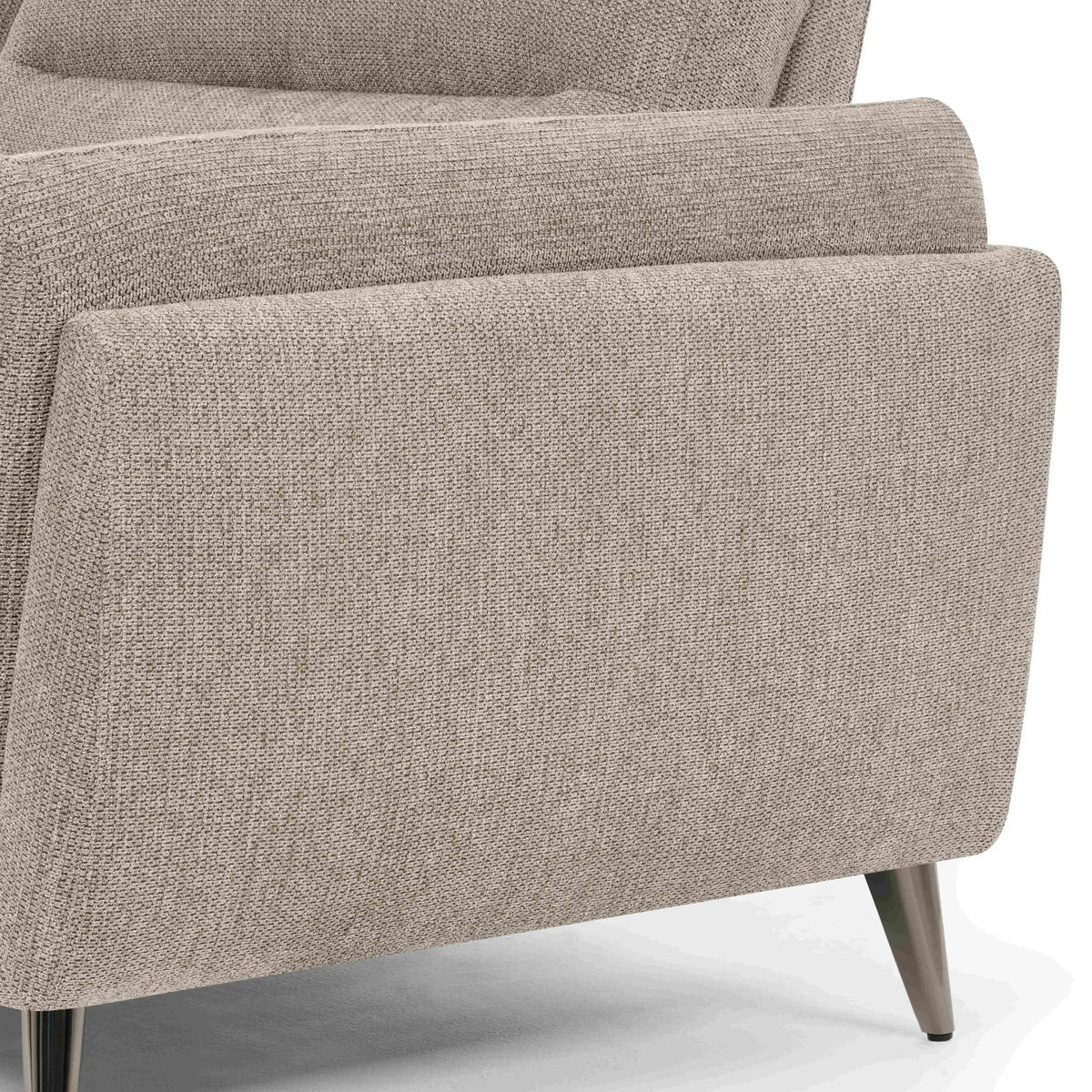 Oatmeal fabric upholstered Bentley Designs armchair with nickel legs, modern easy chair for living rooms and lounge areas.