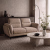 Bentley Designs oatmeal fabric 2-seater sofa with cushion back and nickel legs, modern and comfortable for living room seating.