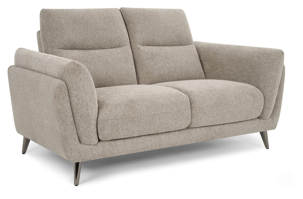 Bentley Designs oatmeal fabric 2-seater sofa with cushion back and nickel legs, modern living room furniture.