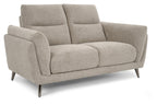 Bentley Designs oatmeal fabric 2-seater sofa with cushion back and nickel legs, modern living room furniture.
