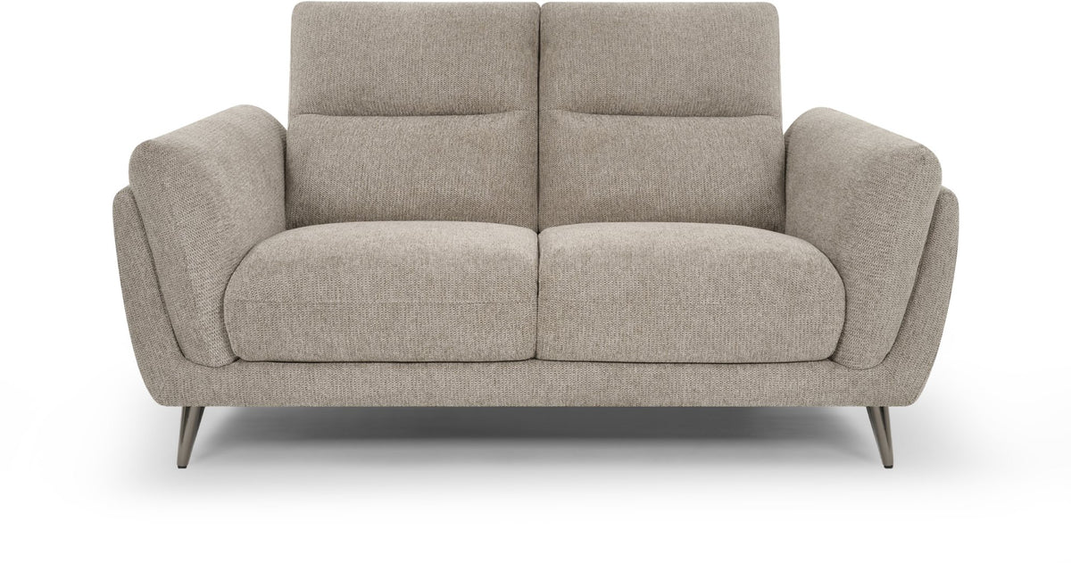 Bentley Designs oatmeal fabric 2-seater sofa with cushion back and nickel legs, stylish and comfortable seating for living room.