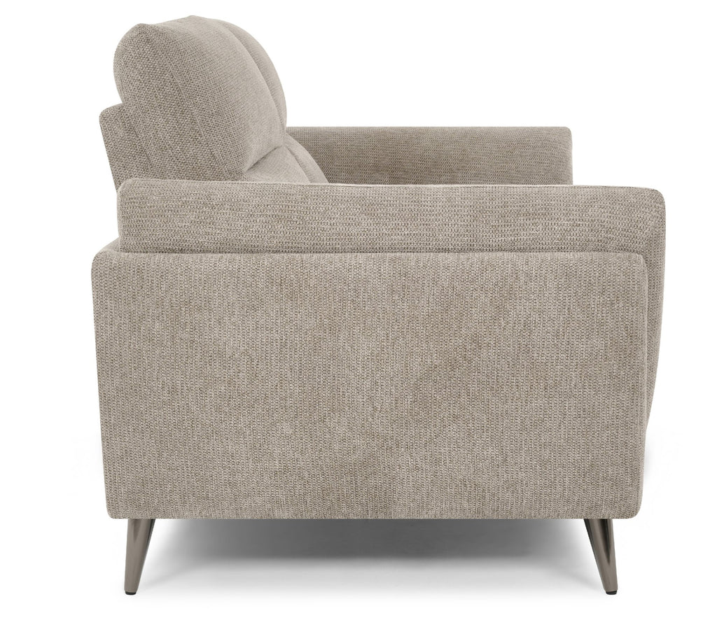 Bentley Designs oatmeal fabric 2 seater sofa with cushion back and nickel legs, stylish and comfortable living room furniture.