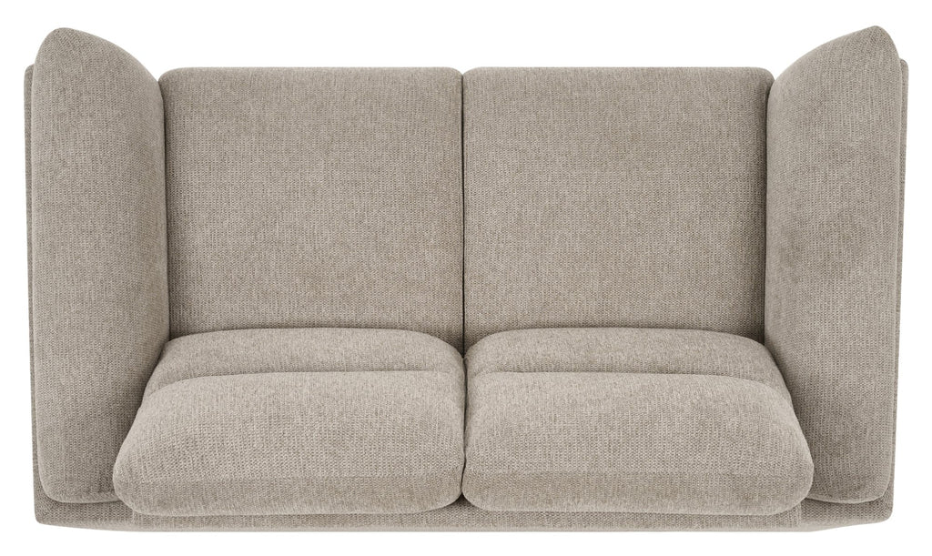 Bentley Designs oatmeal fabric 2-seater sofa with cushion back and nickel legs, showcasing comfortable seating and stylish design.