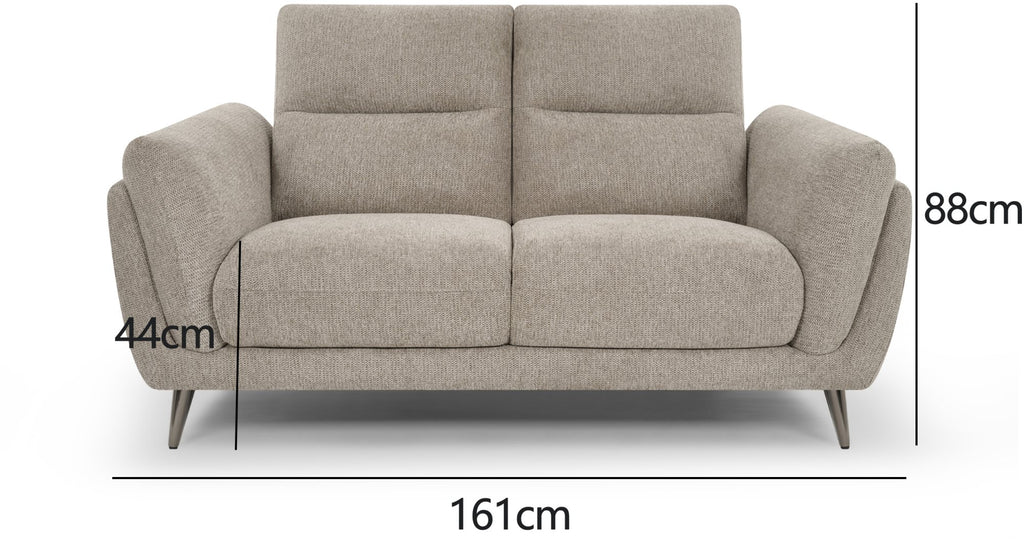 Bentley Designs oatmeal fabric 2 seater sofa with cushion back and nickel legs, modern and comfortable living room furniture.