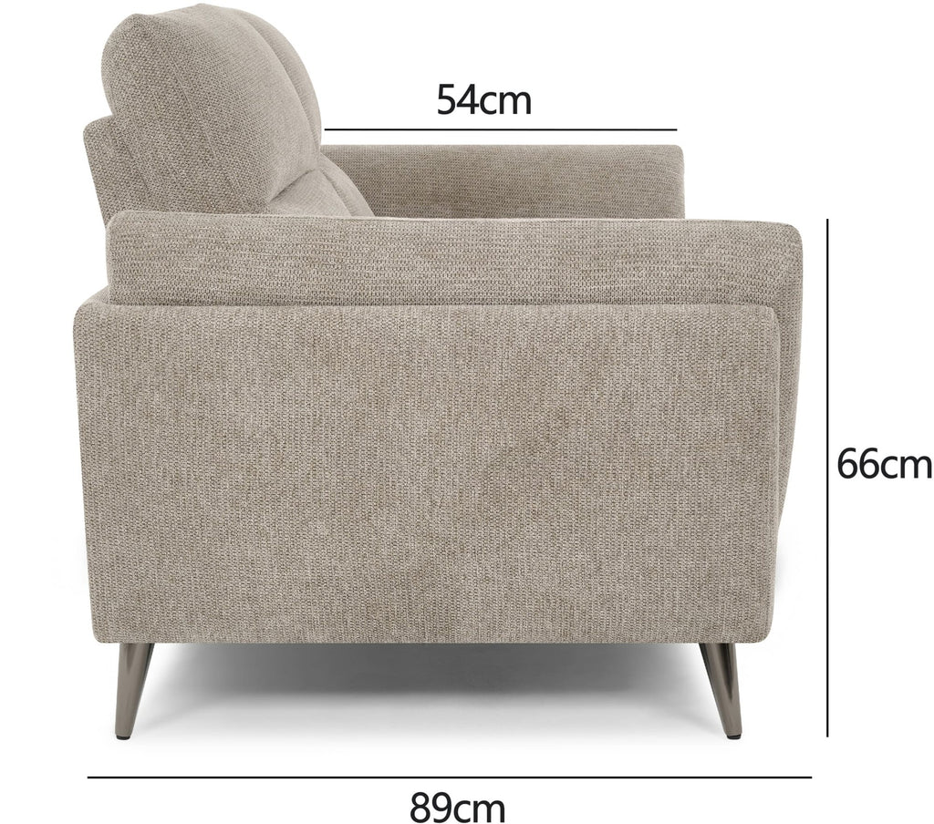 Bentley Designs oatmeal fabric 2 seater sofa with cushion back and nickel legs, modern and comfortable living room furniture.