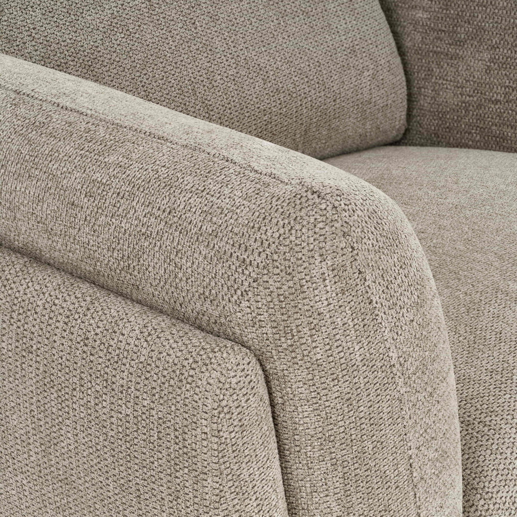 Bentley Designs oatmeal fabric 2 seater sofa with cushion back and nickel legs, stylish and comfortable living room furniture.