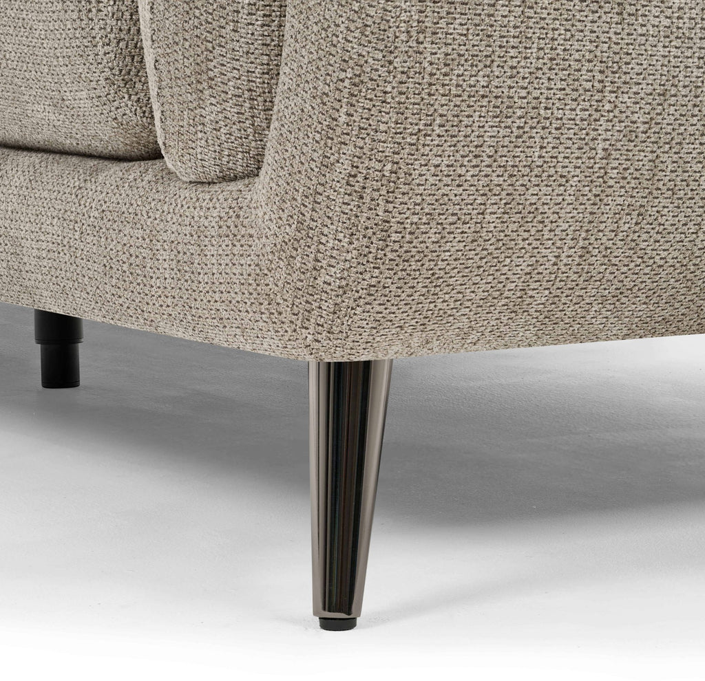 Bentley Designs oatmeal fabric 3-seater sofa with cushion back and nickel legs, modern furniture for living rooms