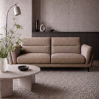Bentley Designs oatmeal fabric 3-seater sofa with cushion back and nickel legs, stylish and comfortable living room furniture
