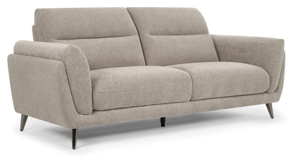 Bentley Designs oatmeal fabric 3 seater sofa with cushion back and nickel legs, stylish and comfortable living room furniture