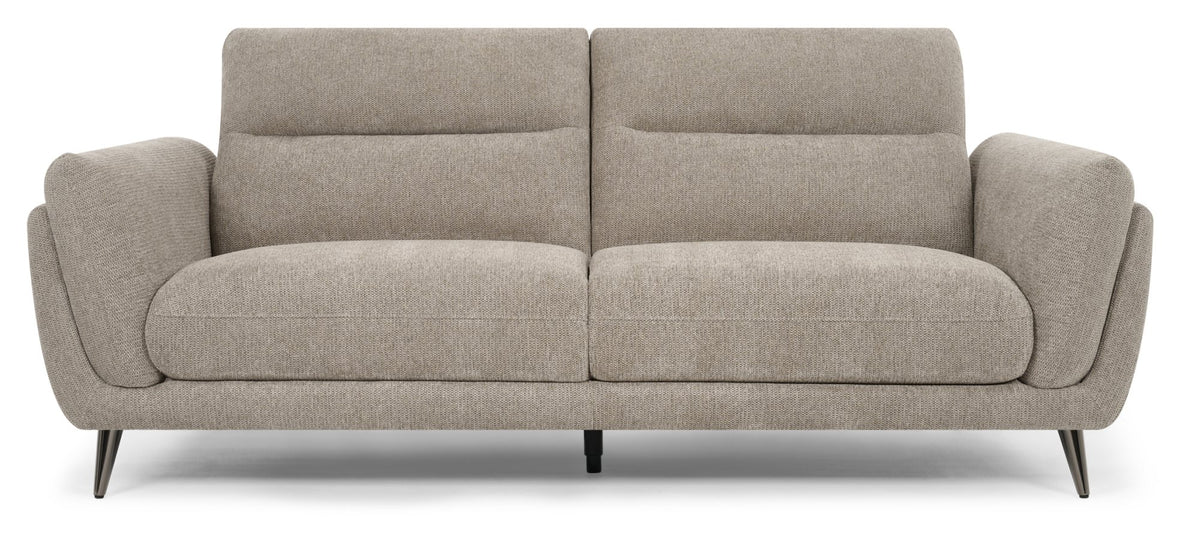 Bentley Designs oatmeal fabric 3 seater sofa with cushion back and nickel legs, modern and comfortable living room furniture.