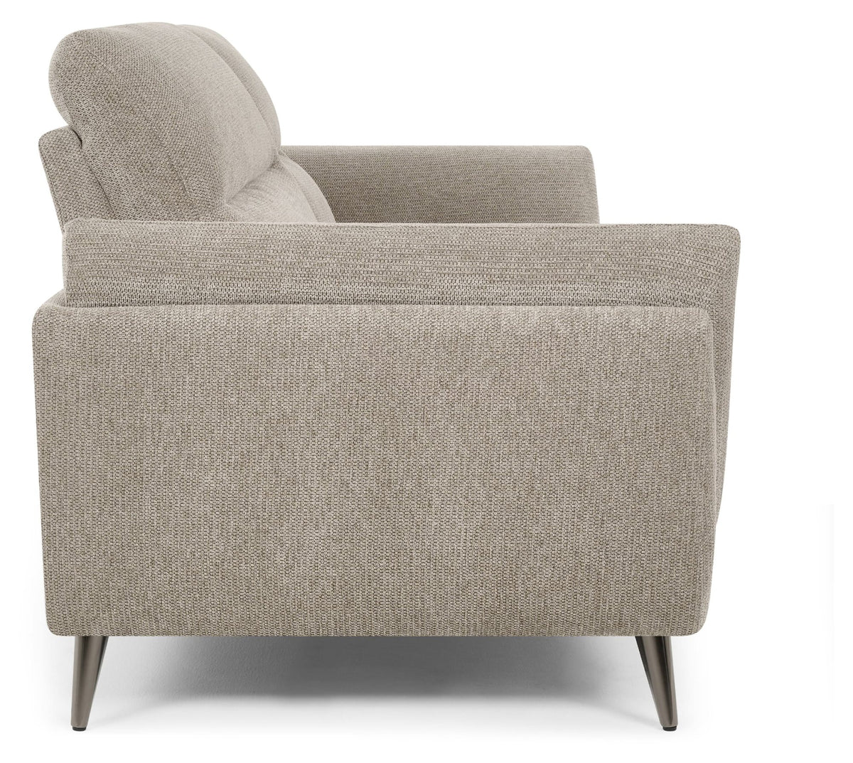 Bentley Designs oatmeal fabric 3 seater sofa with cushion back and nickel legs, showcasing a modern and comfortable living room piece.