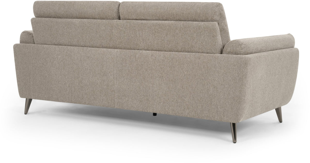 Bentley Designs oatmeal fabric 3-seater sofa with cushion back and nickel legs, stylish and comfortable living room furniture.