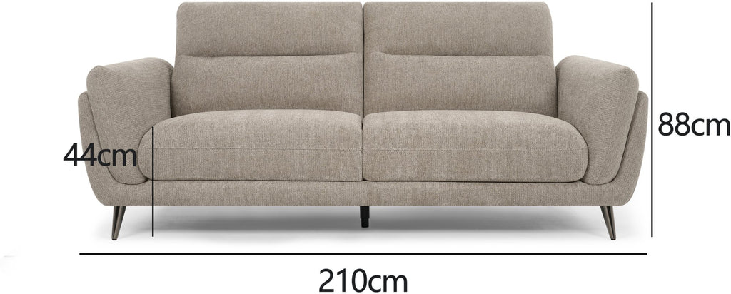 Bentley Designs oatmeal fabric 3-seater sofa with cushion back and nickel legs, showcasing a modern and comfortable living room piece.