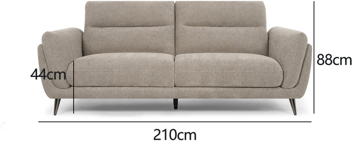 Bentley Designs oatmeal fabric 3-seater sofa with cushion back and nickel legs, showcasing a modern and comfortable living room piece.