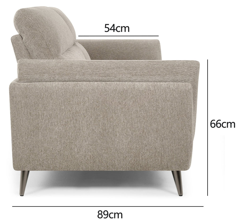Bentley Designs oatmeal fabric 3 seater sofa with cushion back and nickel legs, stylish and comfortable seating for living room.