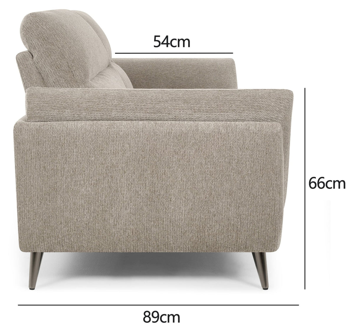 Bentley Designs oatmeal fabric 3 seater sofa with cushion back and nickel legs, stylish and comfortable seating for living room.
