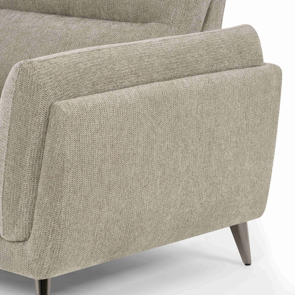 Bentley Designs oatmeal fabric 3 seater sofa with cushion back and nickel legs, stylish and comfortable living room furniture.