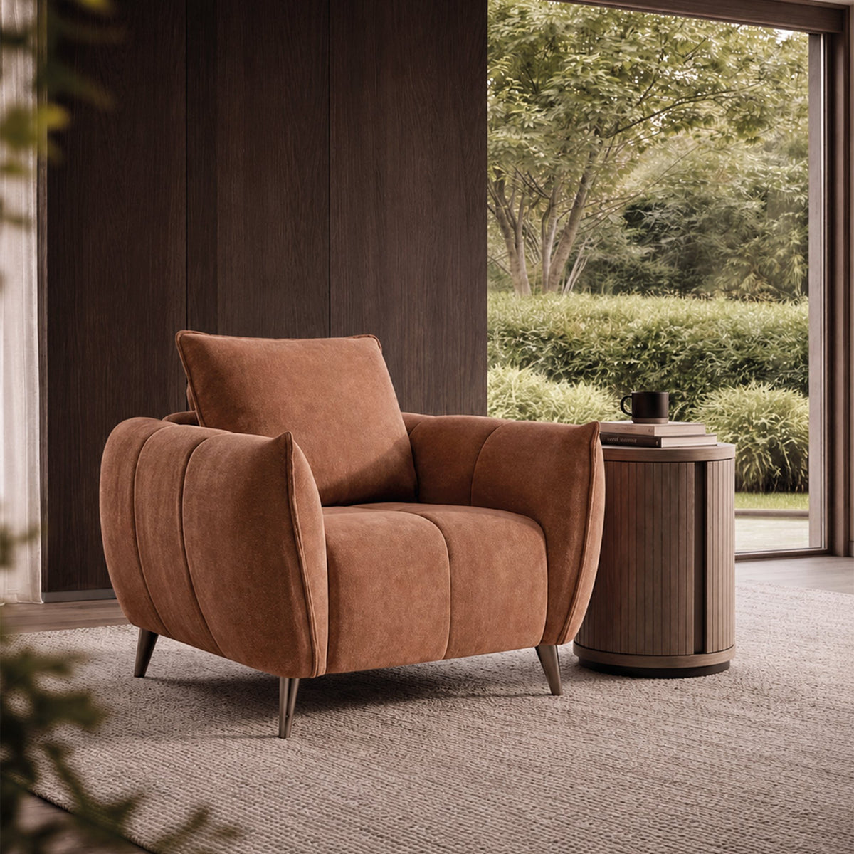 Terracotta fabric armchair with back cushion, nickel legs, and a modern design, ideal for lounge or easy chairs in contemporary decor.