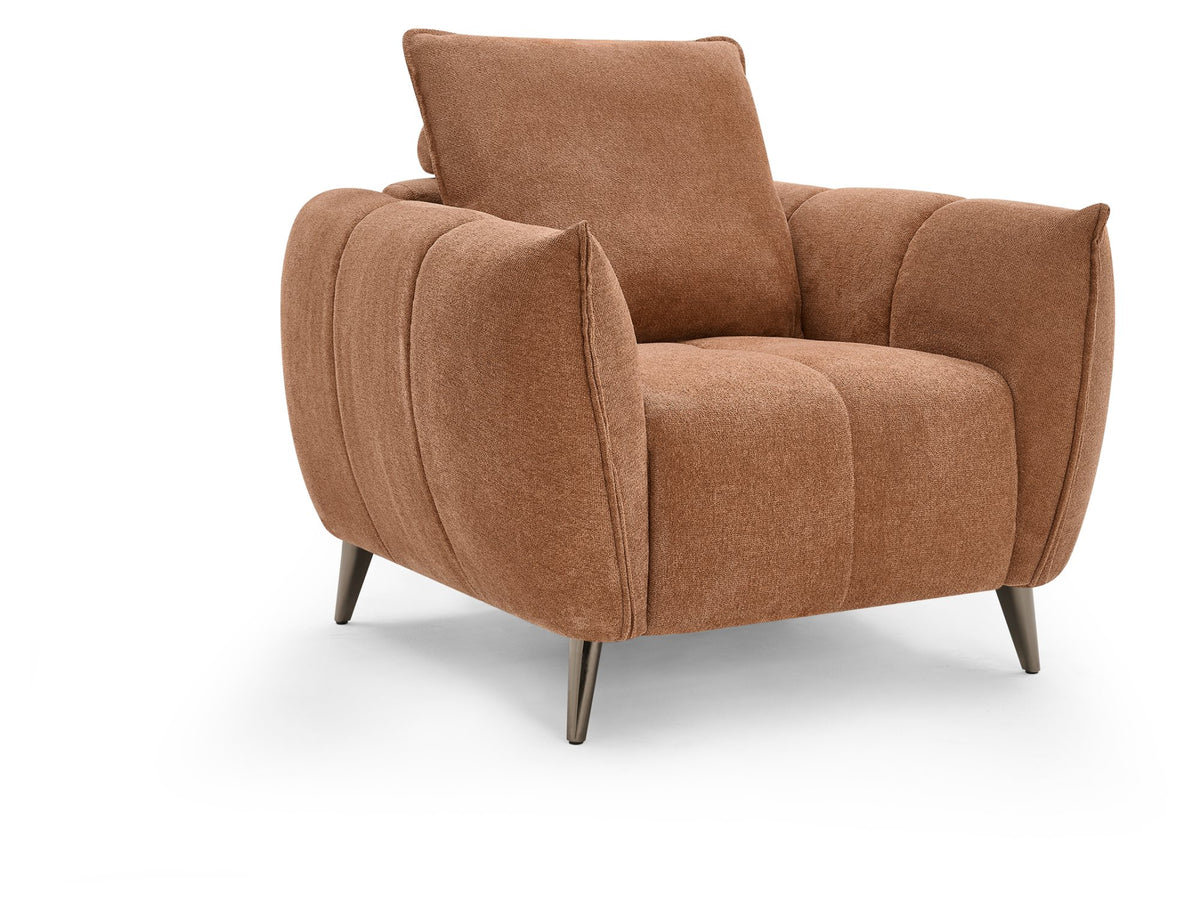 Terracotta fabric armchair with back cushion, nickel legs, designed for easy lounge seating by Bentley Designs