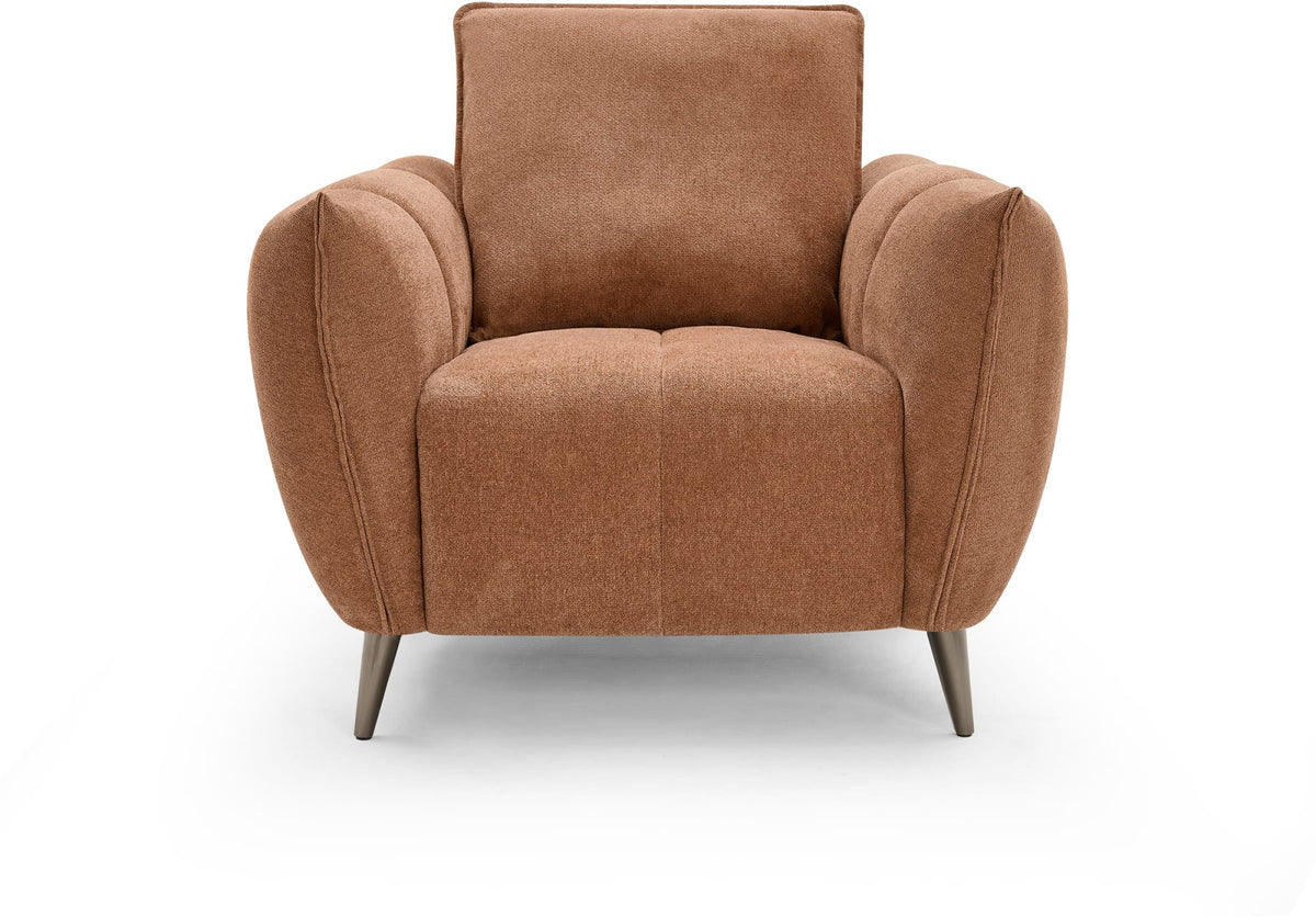 Bentley Designs terracotta fabric armchair with back cushion and nickel-finished legs, designed for comfortable lounge or easy seating.