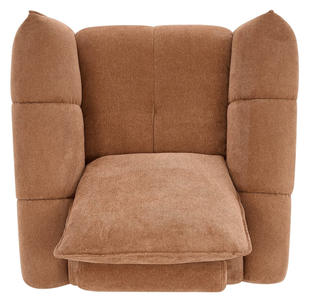 Bentley Designs terracotta fabric cushion back armchair with nickel legs, easy lounge chair with stylish, comfortable design.