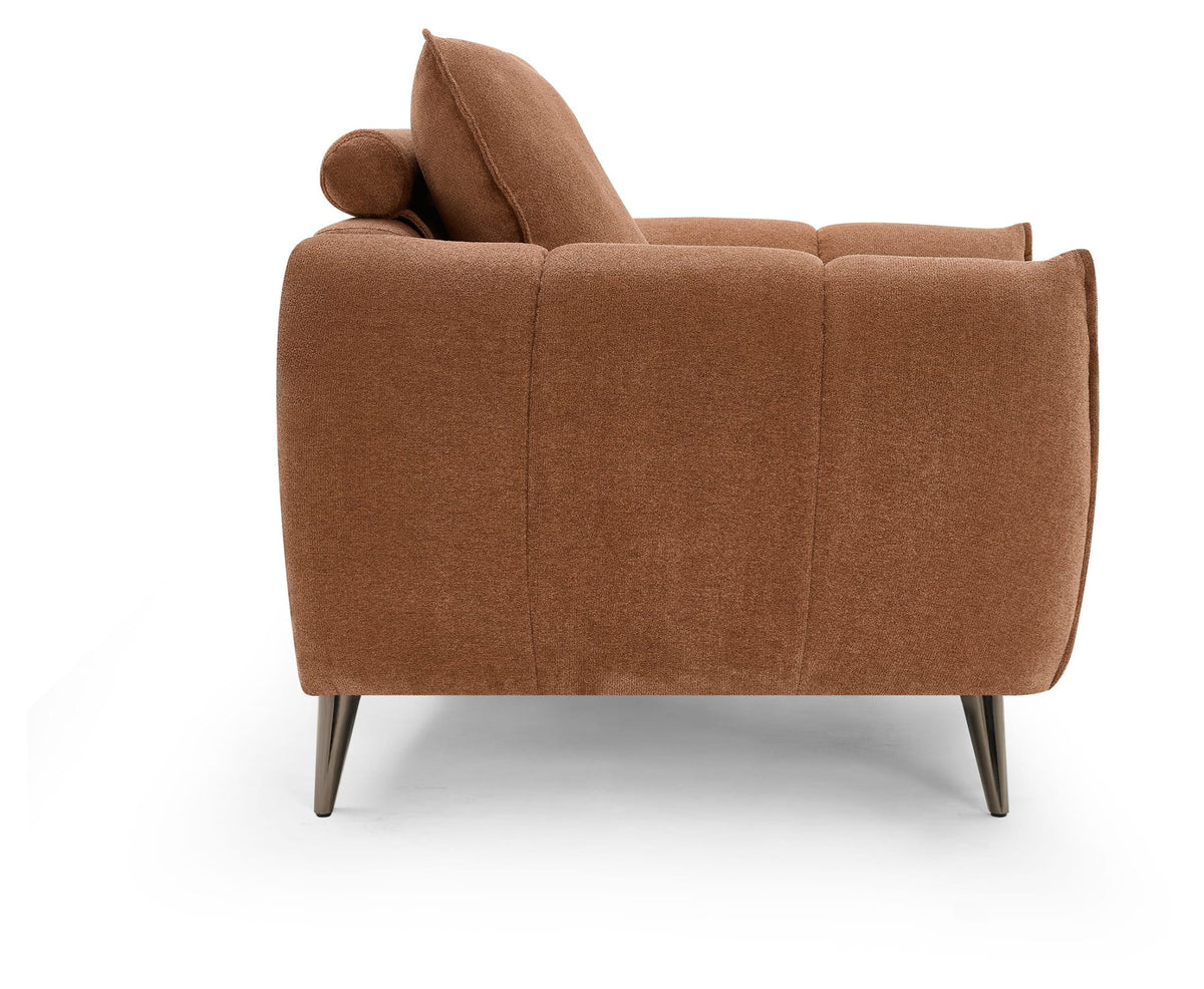 Bentley Designs terracotta fabric armchair with back cushion and nickel metal legs, modern lounge chair with comfortable seating