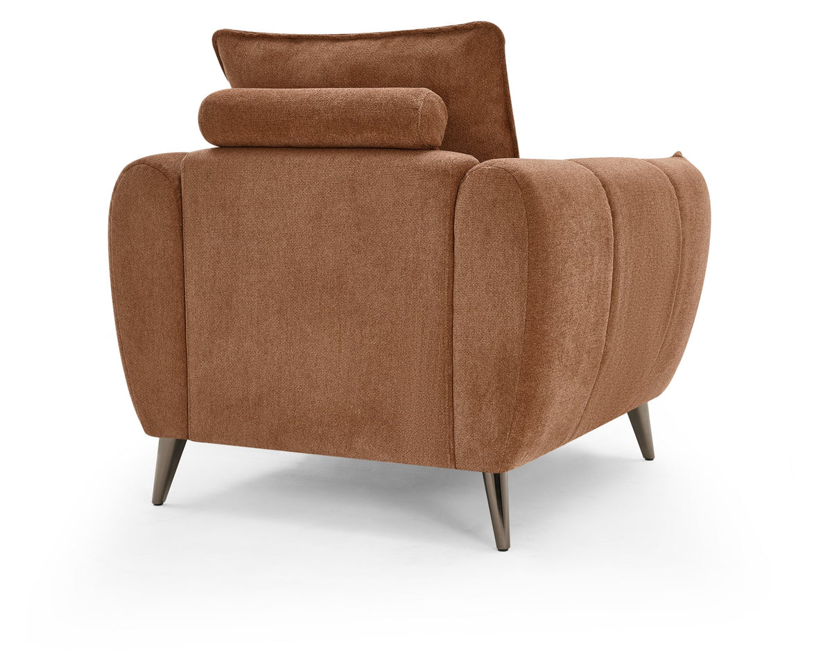 Bentley Designs terracotta fabric cushion back armchair with nickel legs, easy lounge chair for living room seating.