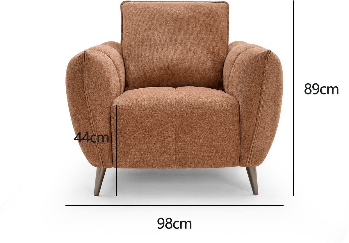 Bentley Designs terracotta fabric cushion back armchair with nickel legs, easy lounge chair with padded seat and stylish design.