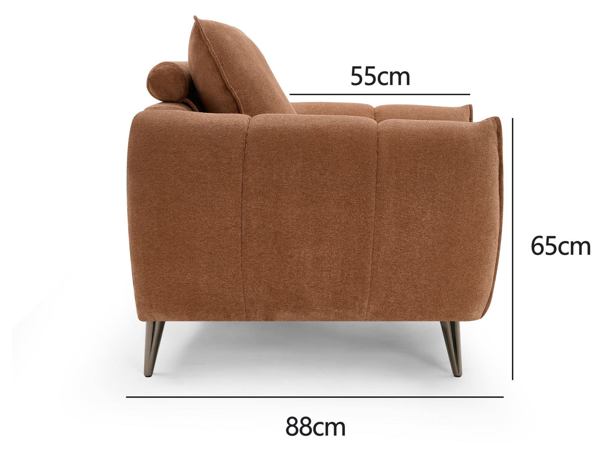 Bentley Designs terracotta fabric cushion back armchair with nickel legs, stylish easy lounge chair for modern living spaces