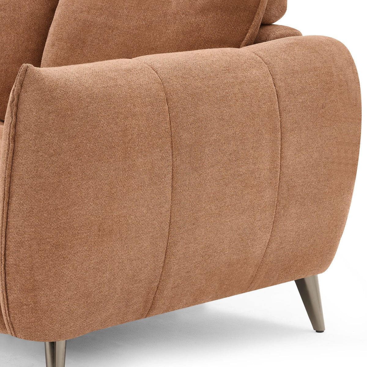 Terracotta fabric armchair with back cushion and nickel legs, Bentley Designs lounge chair with easy, stylish seating.
