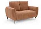 Two-seater terracotta fabric sofa with cushion back and nickel legs by Bentley Designs.
