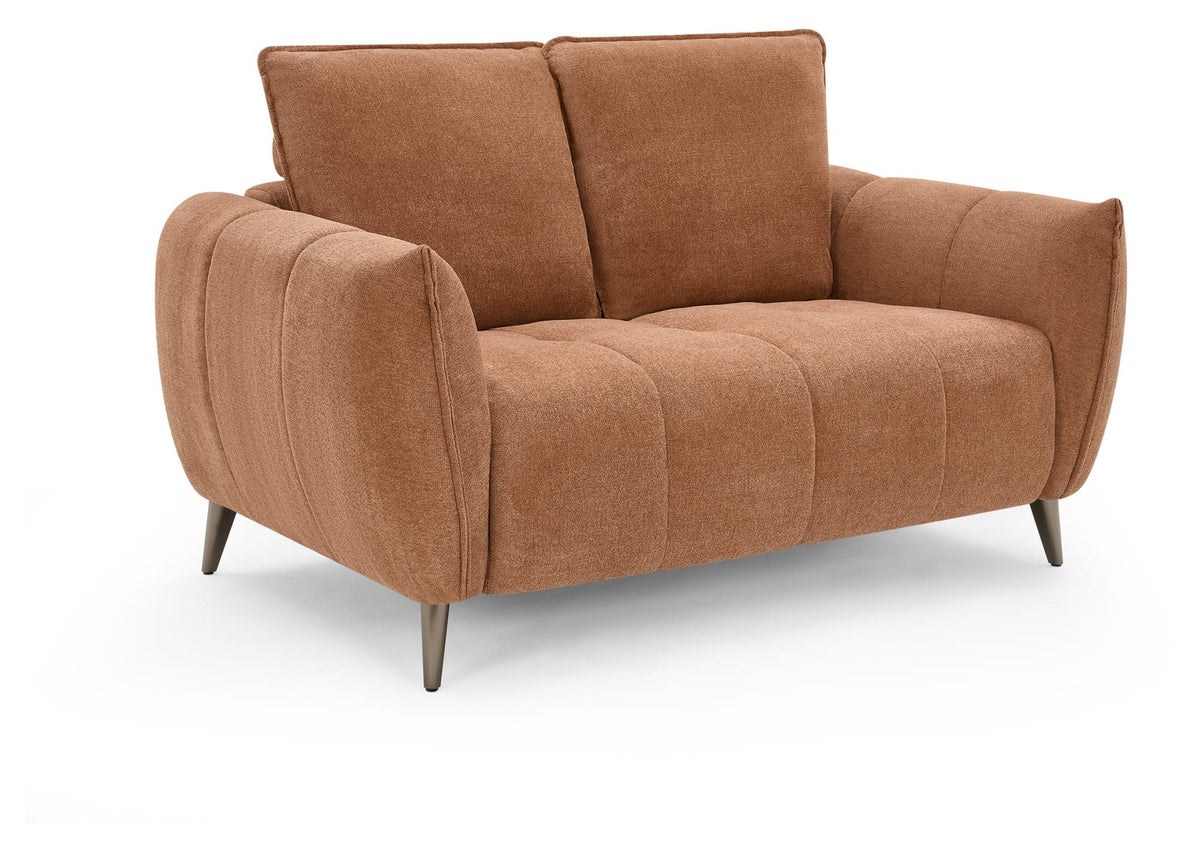 Two-seater terracotta fabric sofa with cushion back and nickel legs by Bentley Designs.
