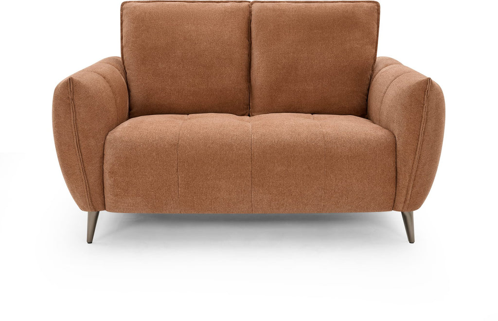 Bentley Designs terracotta fabric 2 seater sofa with cushion back and nickel legs, stylish and comfortable living room furniture.