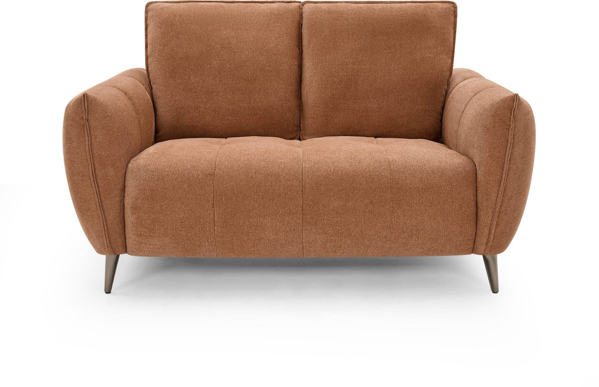 Bentley Designs terracotta fabric 2 seater sofa with cushion back and nickel legs, stylish and comfortable living room furniture.