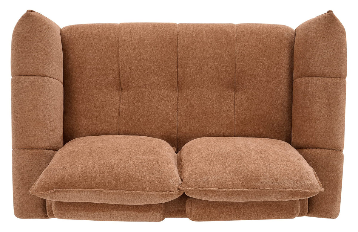 Bentley Designs terracotta fabric 2 seater sofa with cushion back and nickel legs, showcasing a modern and comfortable living room piece.